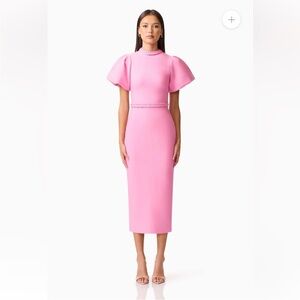 elliatt coralene pink puff sleeve high neck fitted midi dress size small NEW